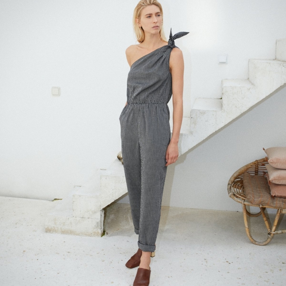 Nanushka One-Shoulder Pinstripe Jumpsuit in Charcoal